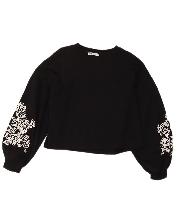 Felpa corta oversize da donna Zara, maglione UK 10, piccolo nero floreale