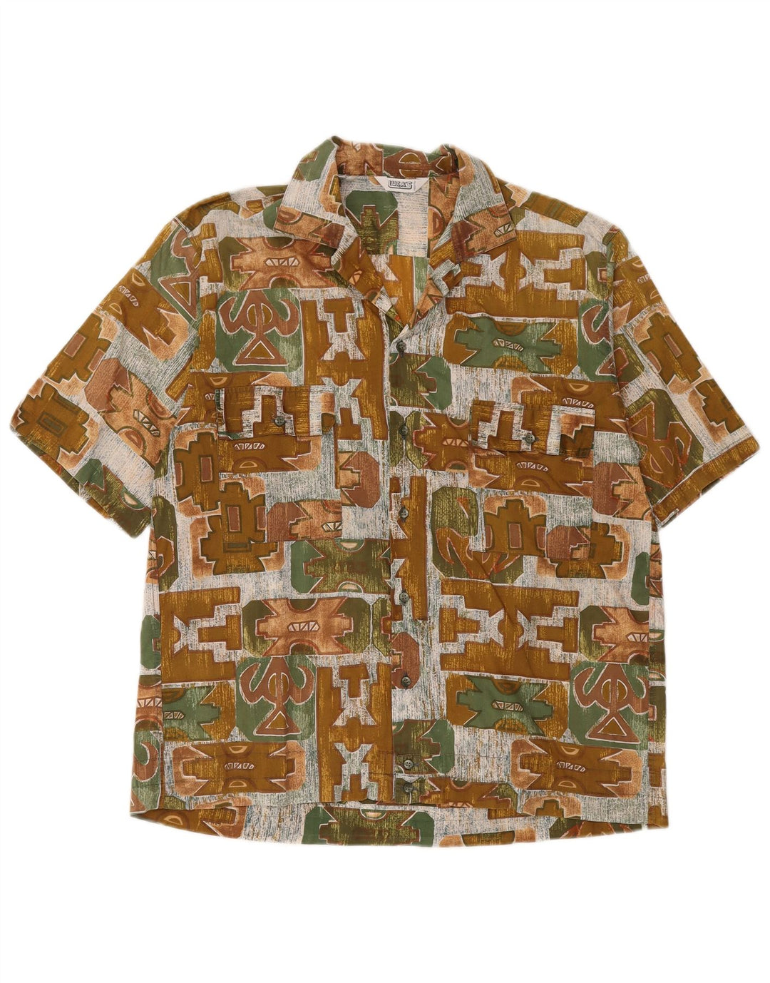 Camicia vintage da uomo a maniche corte medio kaki geometrico