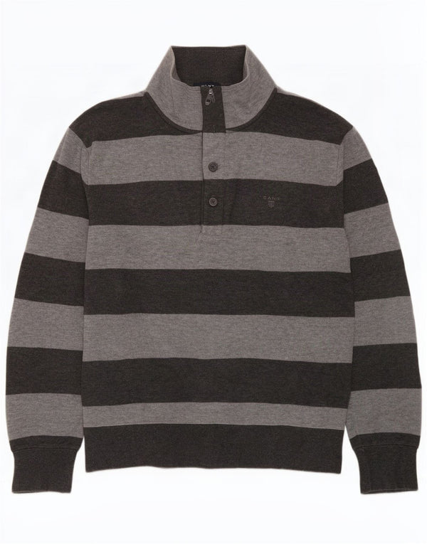 Gant Mens Button Neck Jumper Sweater XL Grey Striped Cotton