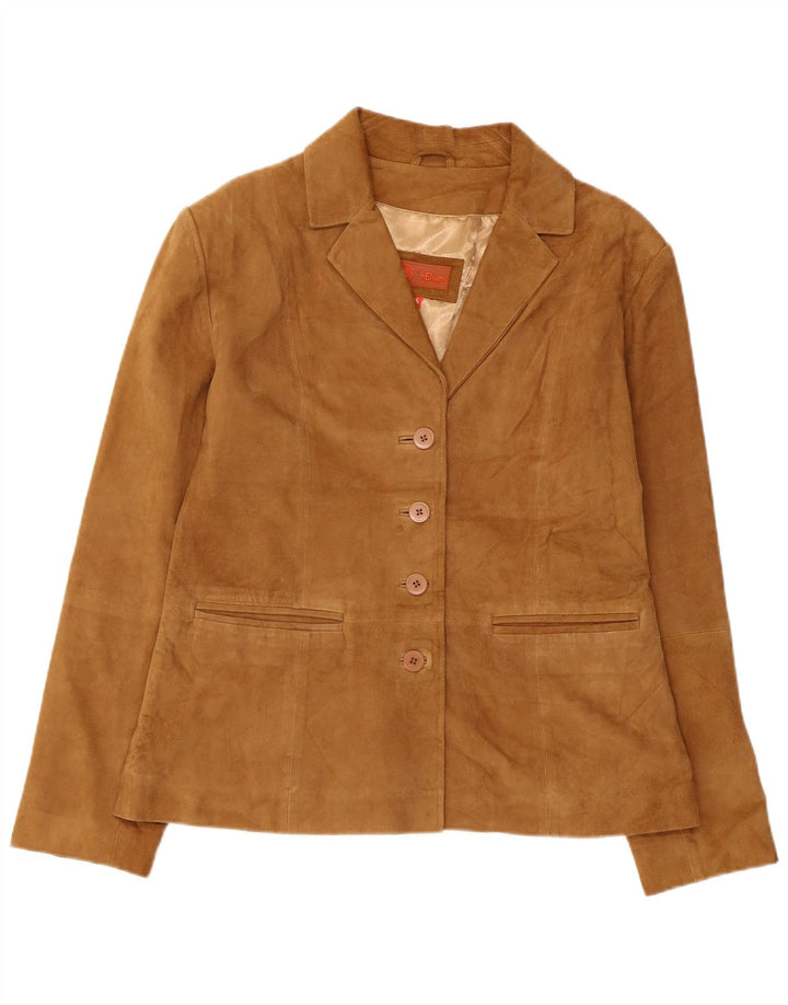 Giacca blazer in pelle scamosciata da donna a 4 bottoni Helium UK 16 grande in pelle marrone