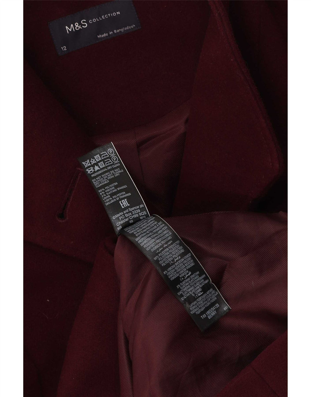 Cappotto da donna Marks & Spencer UK 12 Poliestere bordeaux medio