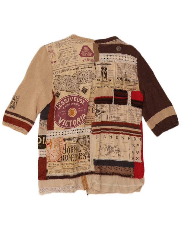 Maglione cardigan grafico da donna vintage UK 12 medio multicolore