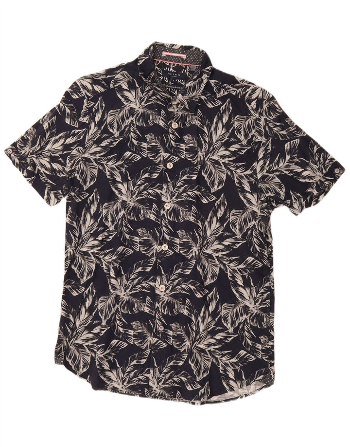 Ted Baker Camicia a maniche corte da uomo taglia 3 cotone floreale medio blu navy