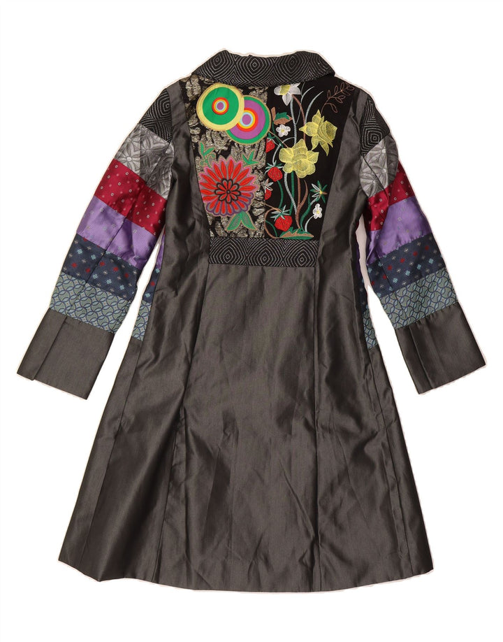 DESIGUAL Womens Graphic Overcoat EU 36 Small Grey Patchwork Polyester Vintage Desigual and Second-Hand Desigual from Messina Hembry 