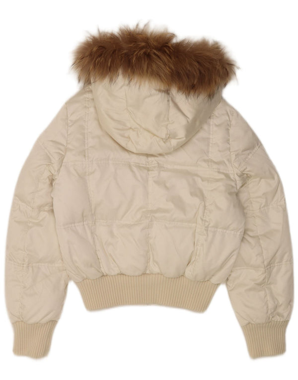 Giacca imbottita con cappuccio da donna vintage UK 14 nylon bianco medio