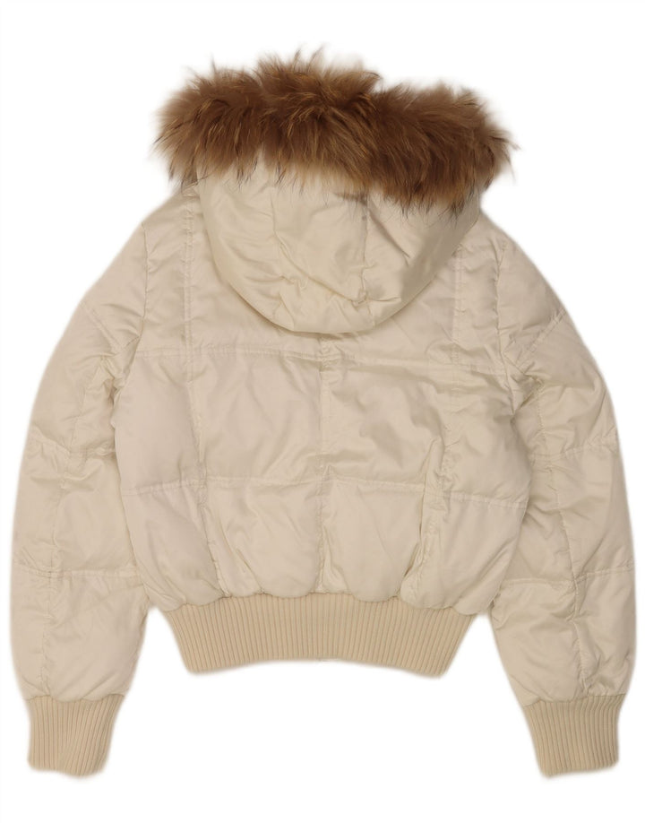 Giacca imbottita con cappuccio da donna vintage UK 14 nylon bianco medio
