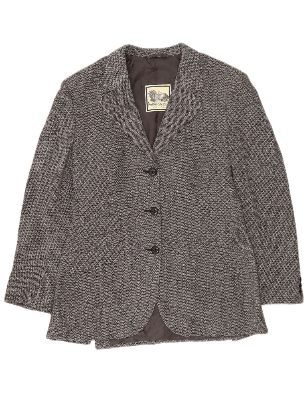 Giacca blazer a 3 bottoni da donna Norton & Wilson UK 12 grigio medio a spina di pesce