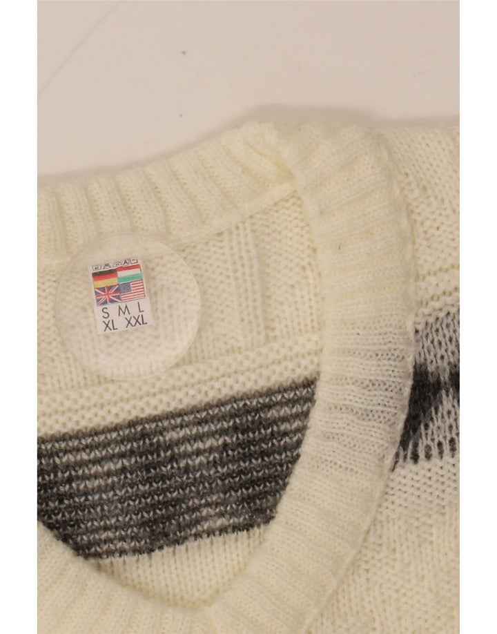 VINTAGE Maglione da uomo con scollo a V grande Fair Isle bianco sporco