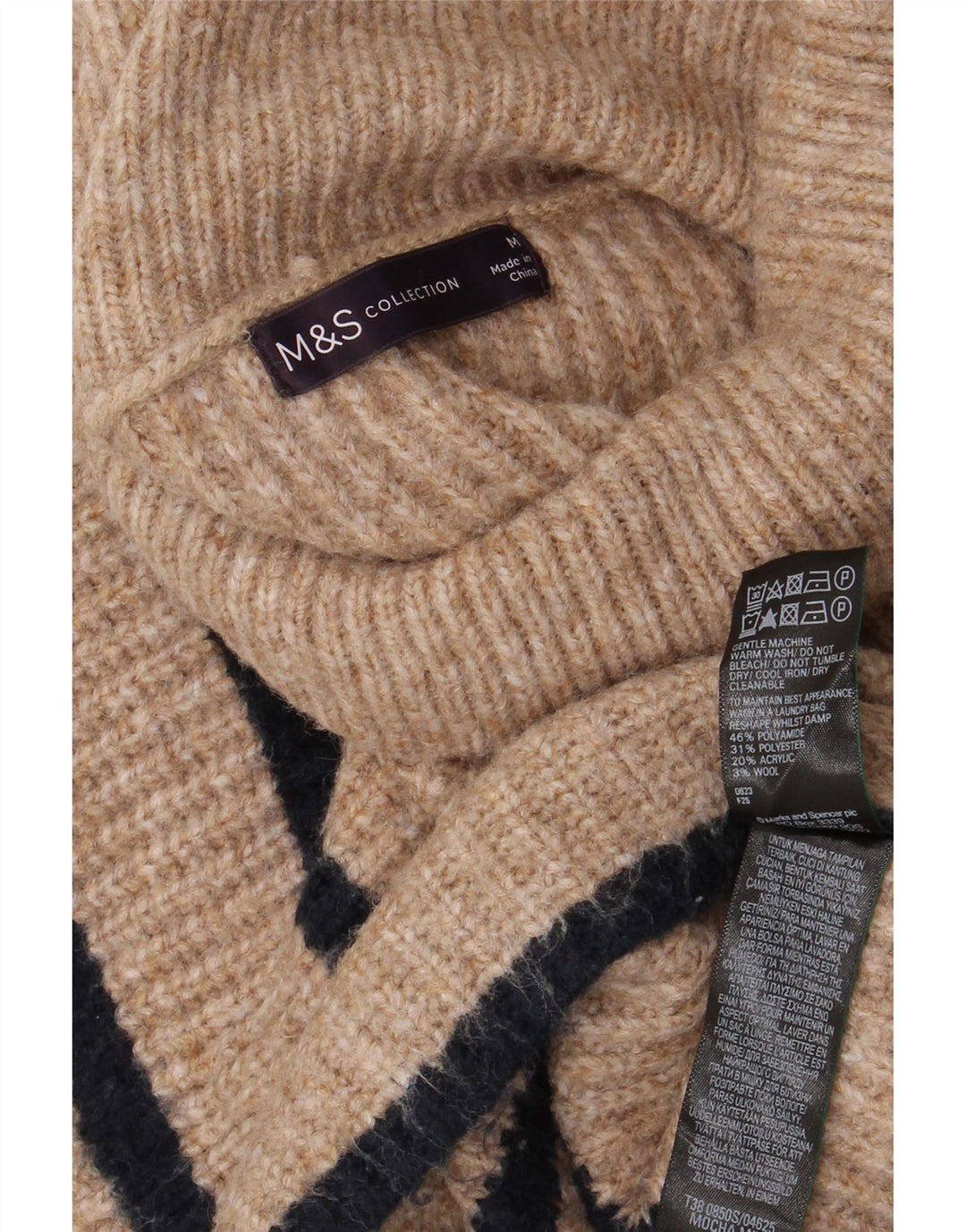 Maglione maglione a collo alto da donna Marks & Spencer UK 14 a righe beige medio