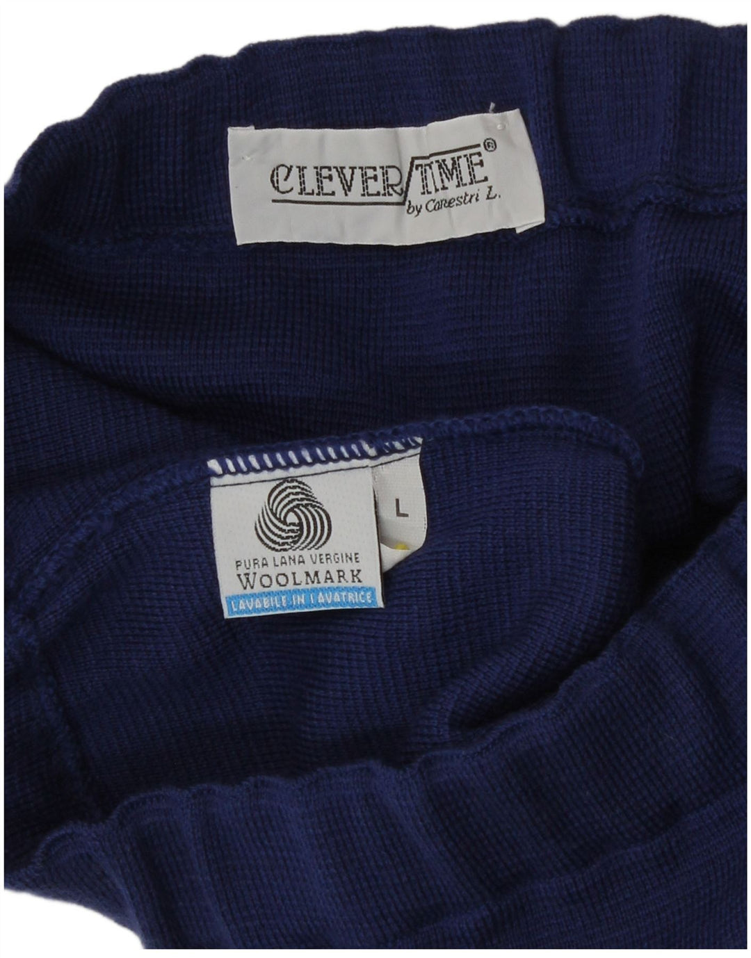 Gonna a tubino lavorata a maglia da donna vintage grande W32 in lana vergine blu