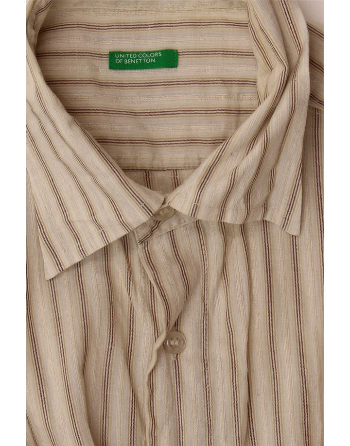 Camicia Benetton Uomo Manica Corta Piccola Rigata Beige