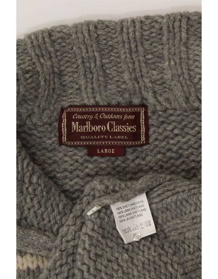 Marlboro Classics Maglione da uomo con zip e collo in lana Fair Isle grigia grande