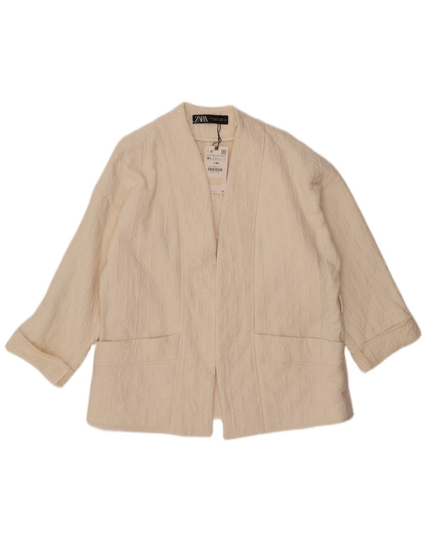 ZARA Giacca Blazer Aperta Oversize con Maniche a 3/4 da Donna UK 14 Medio Bianco Sporco