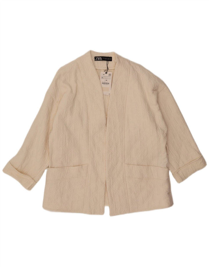 ZARA Giacca Blazer Aperta Oversize con Maniche a 3/4 da Donna UK 14 Medio Bianco Sporco