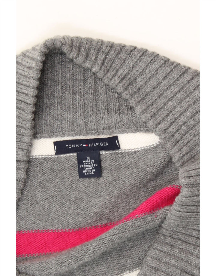 TOMMY HILFIGER Womens Cardigan Sweater UK 14 Medium Grey Striped Vintage Tommy Hilfiger and Second-Hand Tommy Hilfiger from Messina Hembry 