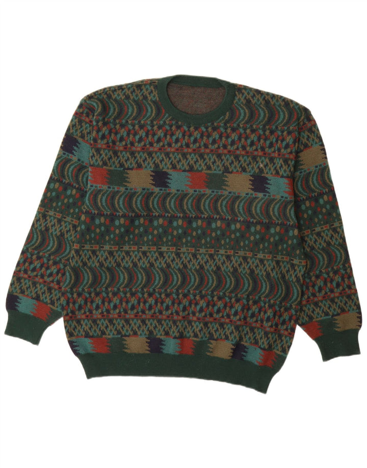 Maglione maglione girocollo da uomo VINTAGE IT 54 XL lana Fair Isle verde