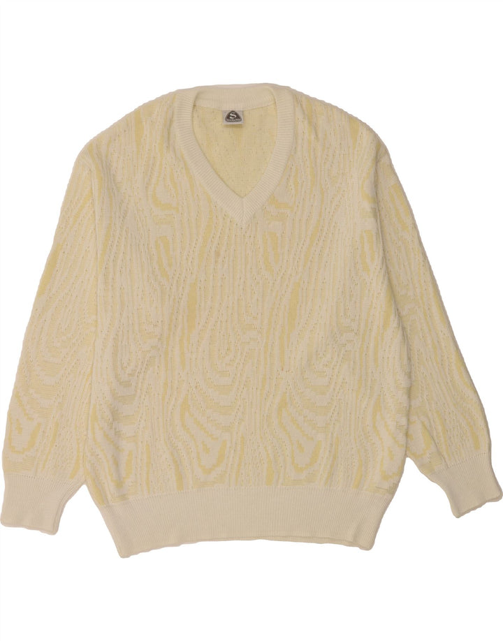 VINTAGE Mens Abstract Pattern V-Neck Jumper Sweater EU 52 Large Yellow Vintage Vintage and Second-Hand Vintage from Messina Hembry 