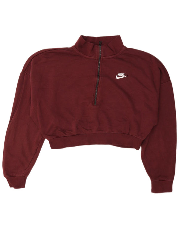 Felpa Nike da donna con collo corto e zip, maglione UK 14, cotone bordeaux medio