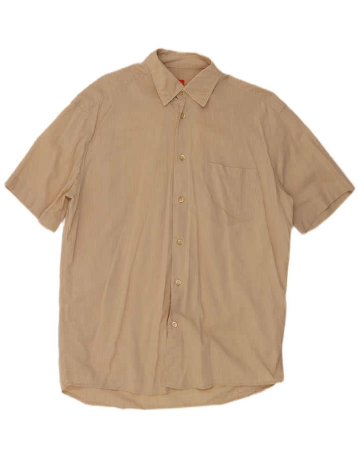 HUGO BOSS Mens Short Sleeve Shirt Medium Beige Check Cotton