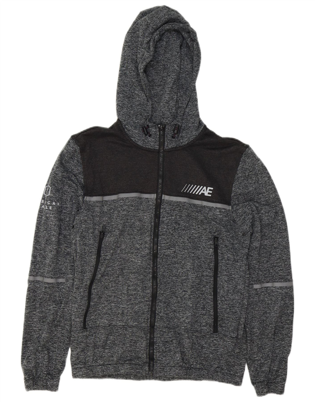 AMERICAN EAGLE Maglione con cappuccio e zip grafica da uomo piccolo grigio screziato