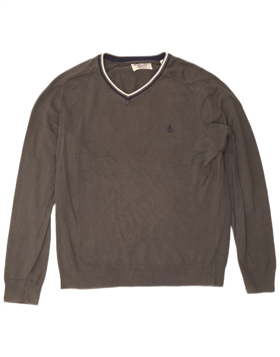 Maglione da uomo con scollo a V Penguin XL in cotone a righe grigie