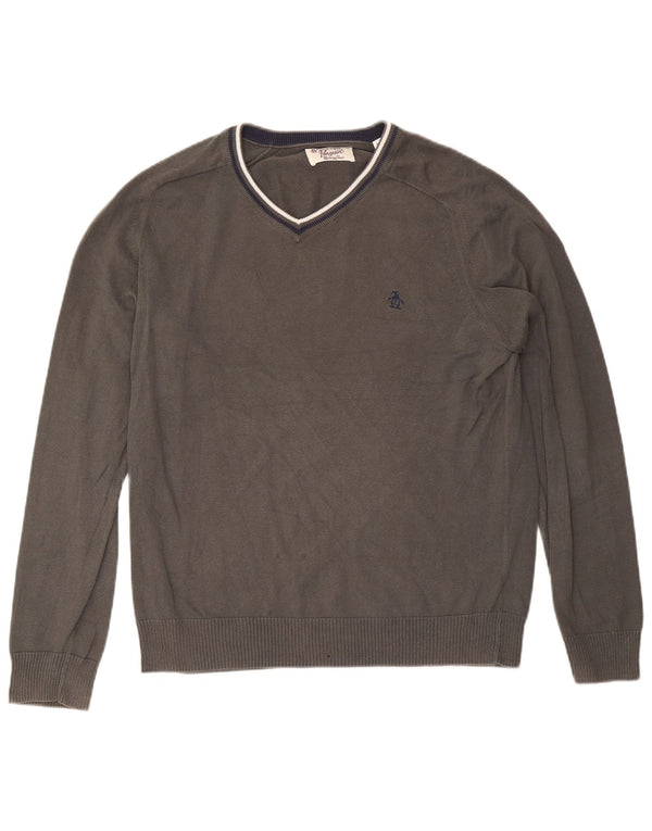 Maglione da uomo con scollo a V Penguin XL in cotone a righe grigie