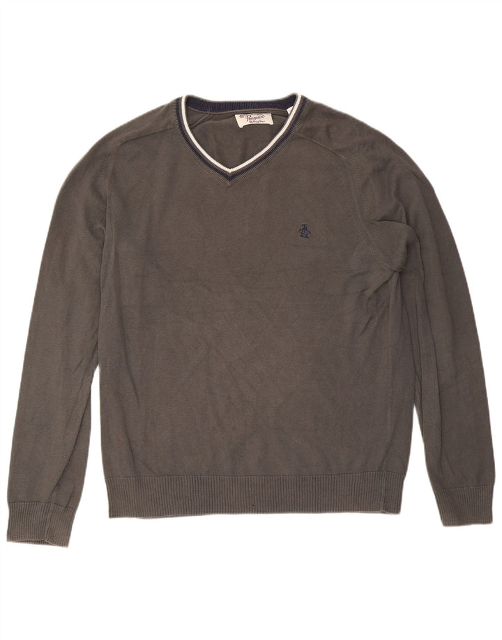 Maglione da uomo con scollo a V Penguin XL in cotone a righe grigie