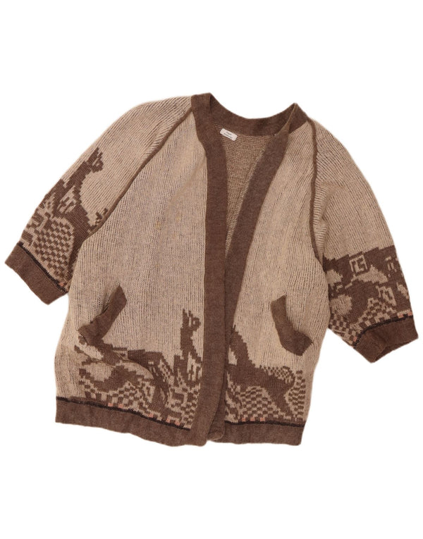 Maglione cardigan aperto con motivo astratto da donna vintage UK 20 2XL Marrone