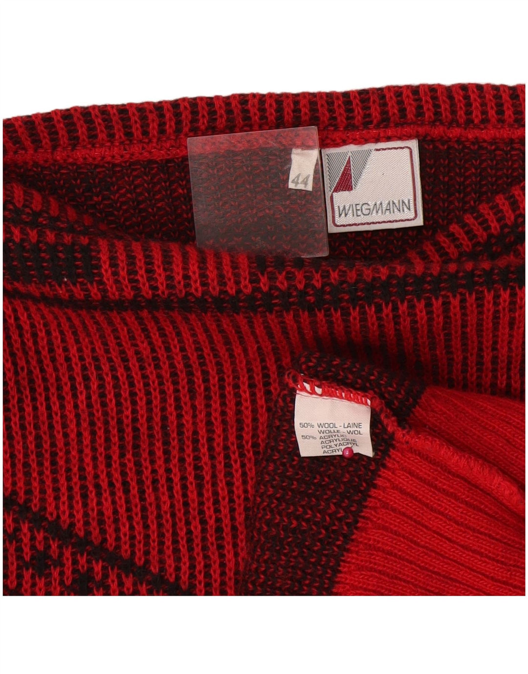 Maglione da donna vintage con scollo a barca IT 44 Lana geometrica rossa media