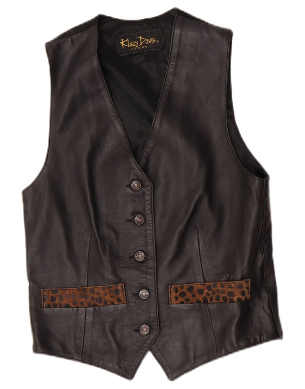 Gilet in pelle da donna vintage UK 10 Piccola pelle nera con stampa animalier