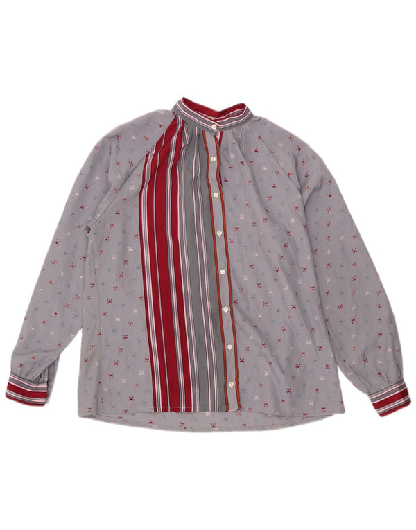 Camicetta camicia a maniche lunghe da donna vintage UK 16 Poliestere a righe grandi grigie