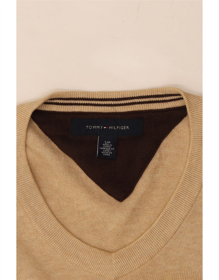 TOMMY HILFIGER Mens V-Neck Jumper Sweater Small Beige Cotton Vintage Tommy Hilfiger and Second-Hand Tommy Hilfiger from Messina Hembry 