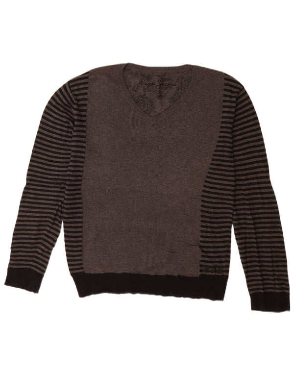 PEPE Jeans Maglione da uomo con scollo a V piccolo cotone a righe grigie