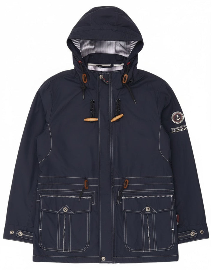 Giacca antipioggia con cappuccio grafica da donna vintage UK 12 poliestere medio blu navy
