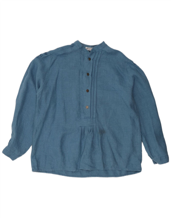Camicetta oversize a maniche lunghe da donna vintage top EU 42 grande lino blu