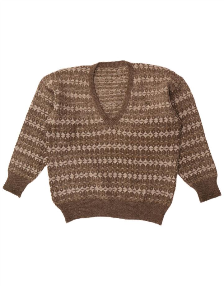 Maglione vintage da uomo con scollo a V grigio medio a righe