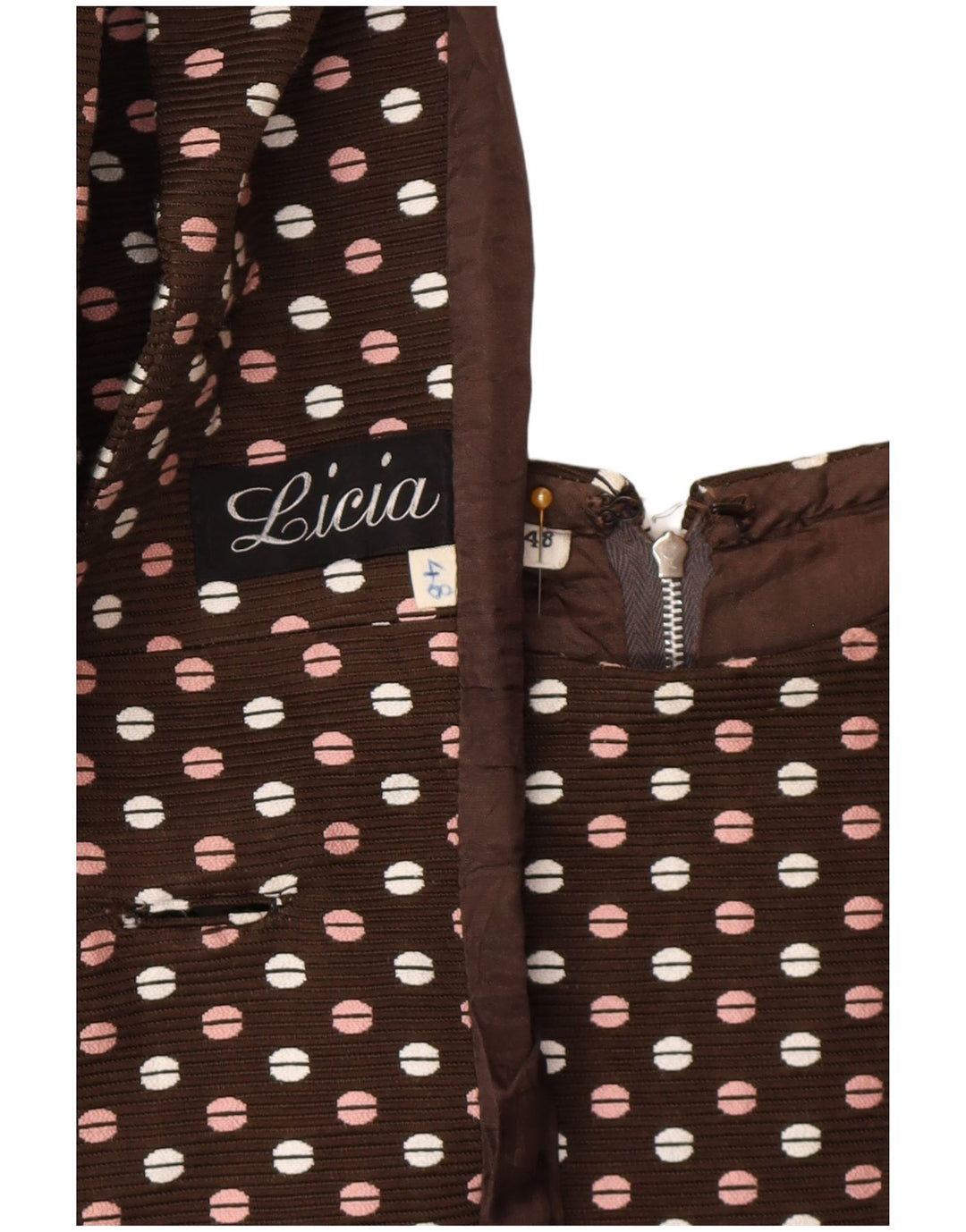 Set vintage da donna a 3 bottoni e 2 pezzi IT 48 XL a pois marroni
