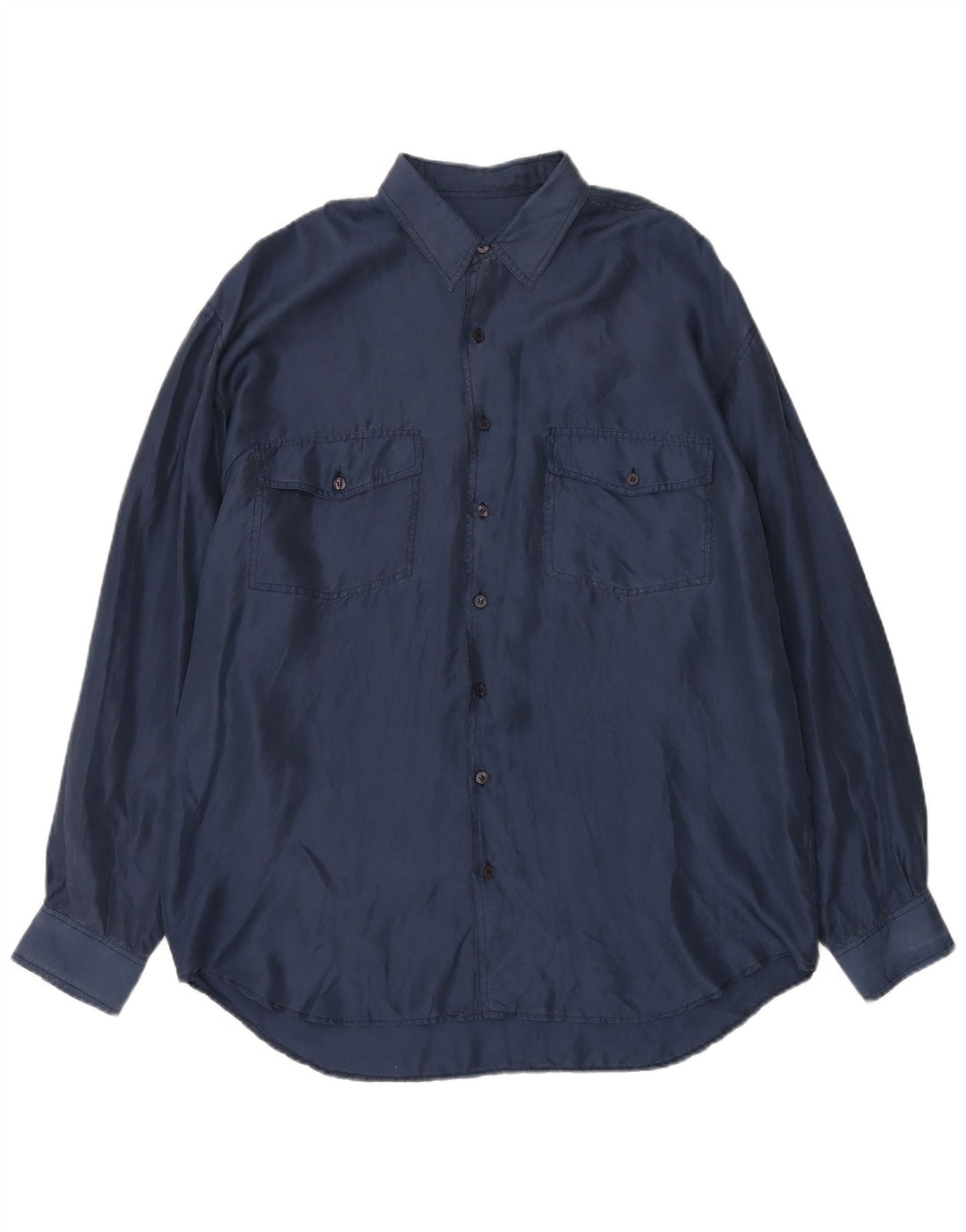 Camicia vintage da uomo grande in seta blu navy