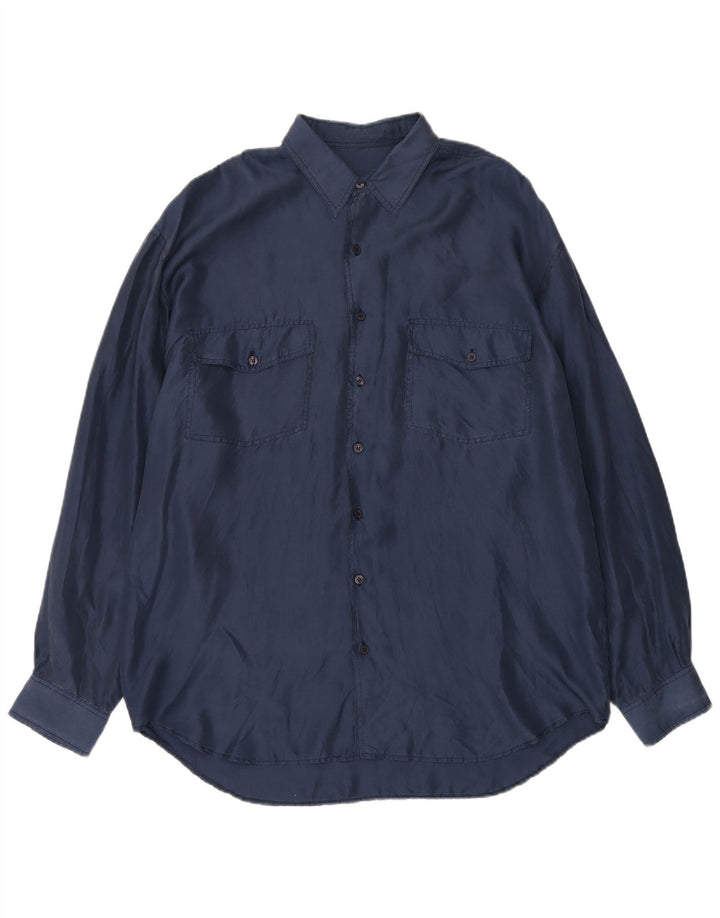 Camicia vintage da uomo grande in seta blu navy