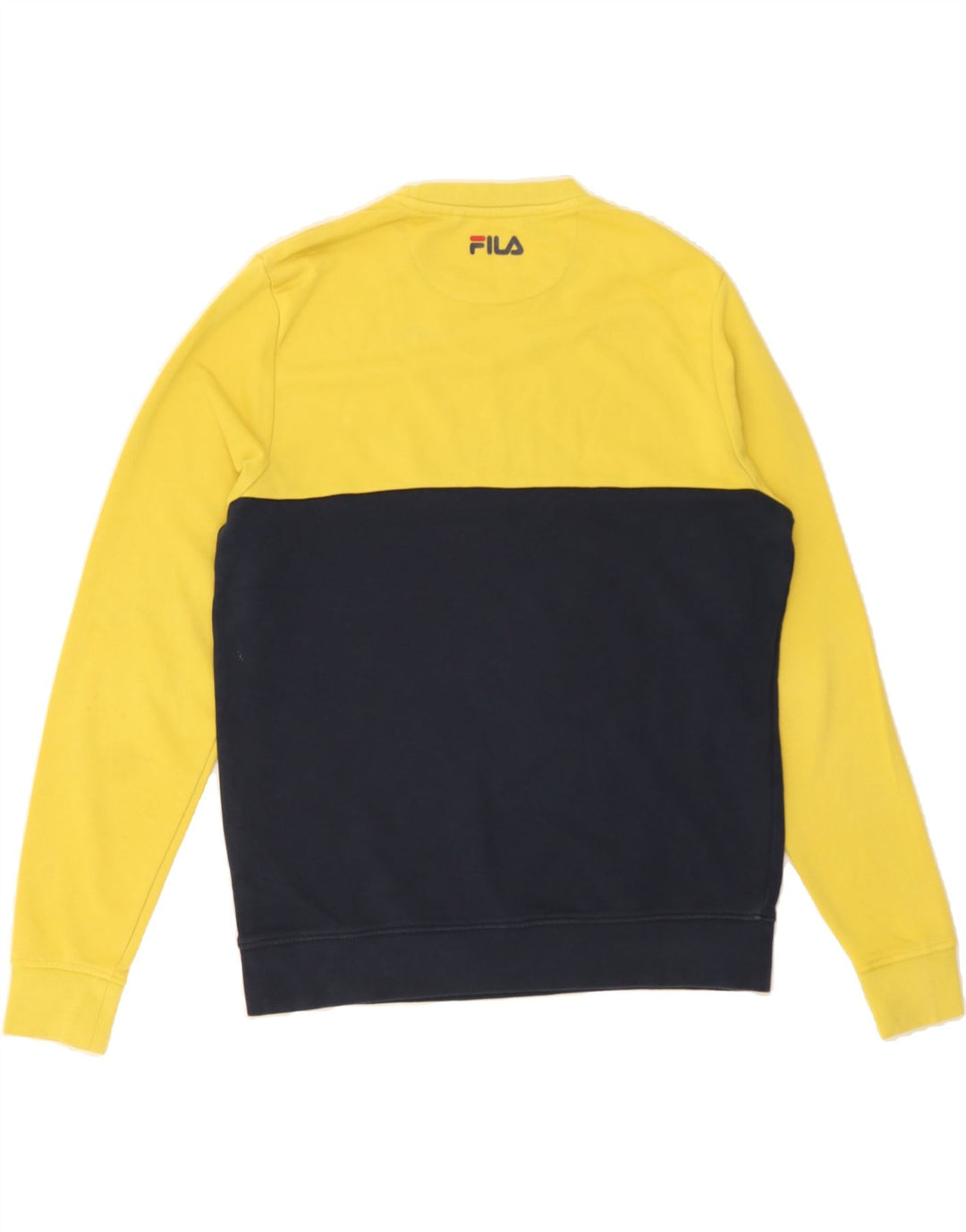 FILA Mens Graphic Sweatshirt Jumper Small Yellow Colourblock Cotton Vintage Fila and Second-Hand Fila from Messina Hembry 