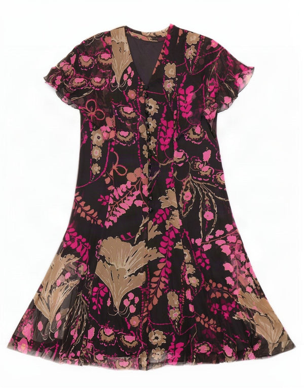 Abito a trapezio vintage da donna IT 46 grande floreale nero