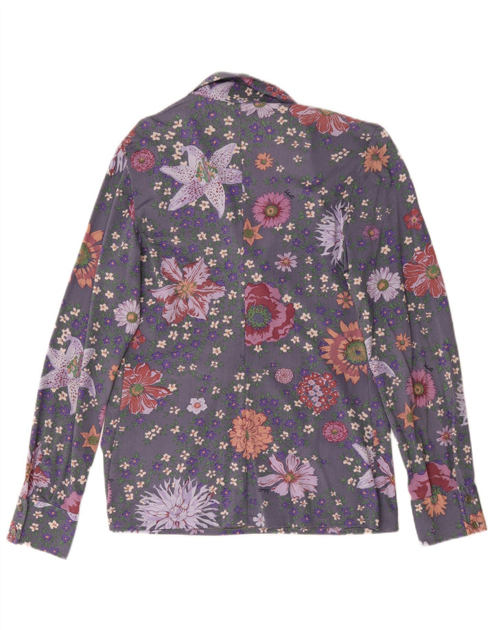 Camicia pullover a maniche lunghe da donna vintage UK 14 grigio medio floreale