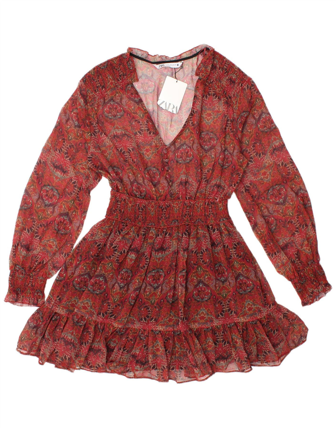 Top a tunica trasparente a maniche lunghe da donna ZARA UK 8 piccolo rosso floreale