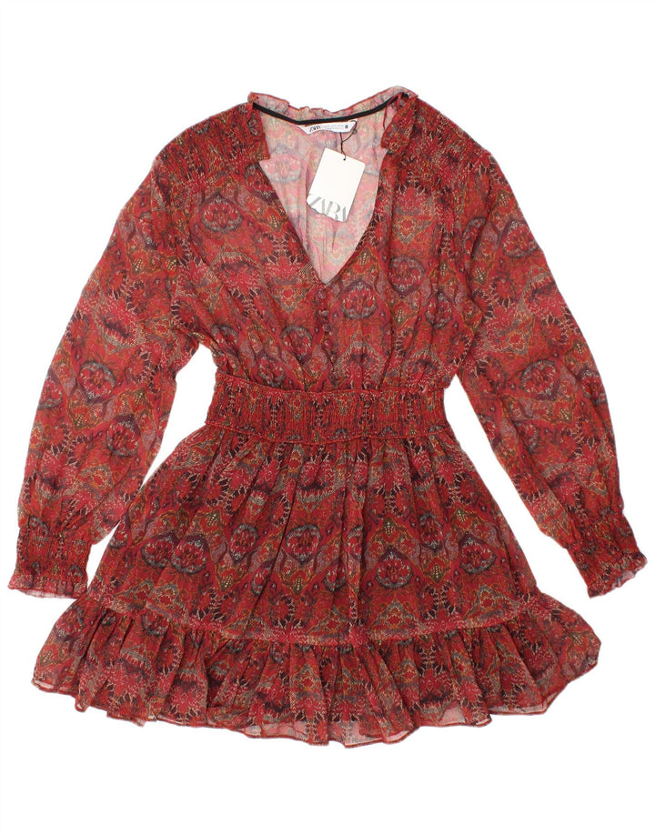 Top a tunica trasparente a maniche lunghe da donna ZARA UK 8 piccolo rosso floreale