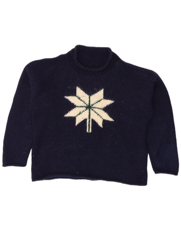 Maglione vintage da donna con collo dolcevita UK 14 Large Blu Navy Fair Isle