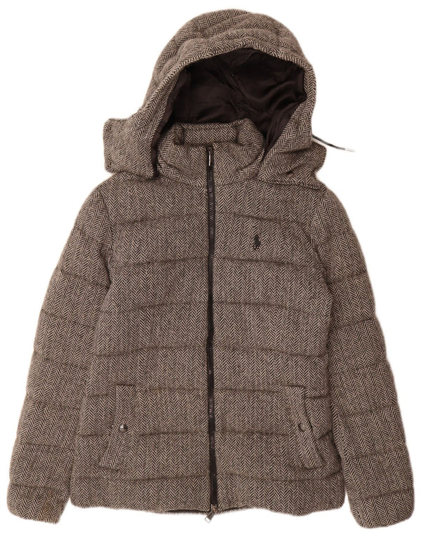 Giacca imbottita con cappuccio da donna Polo Ralph Lauren UK 6 XS lana a spina di pesce grigia