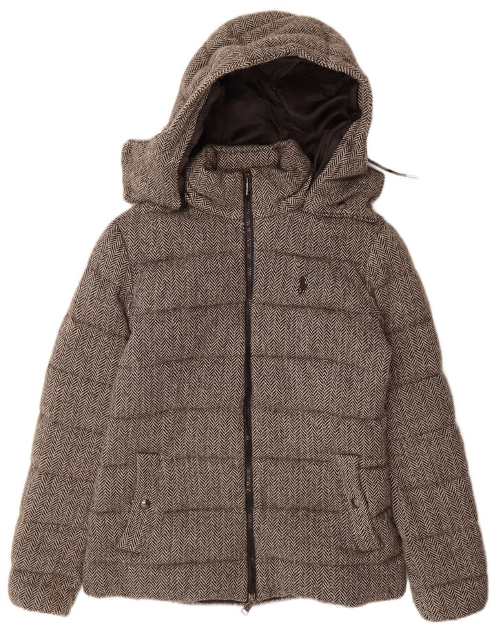 Giacca imbottita con cappuccio da donna Polo Ralph Lauren UK 6 XS lana a spina di pesce grigia