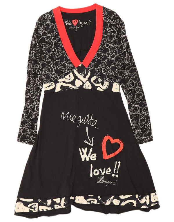 Desigual Womens Graphic Long Sleeve A-Line Dress UK 10 Small Black Cotton