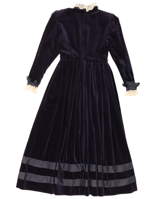 Abito maxi in velluto a maniche lunghe da donna vintage UK 8 piccolo floreale blu navy