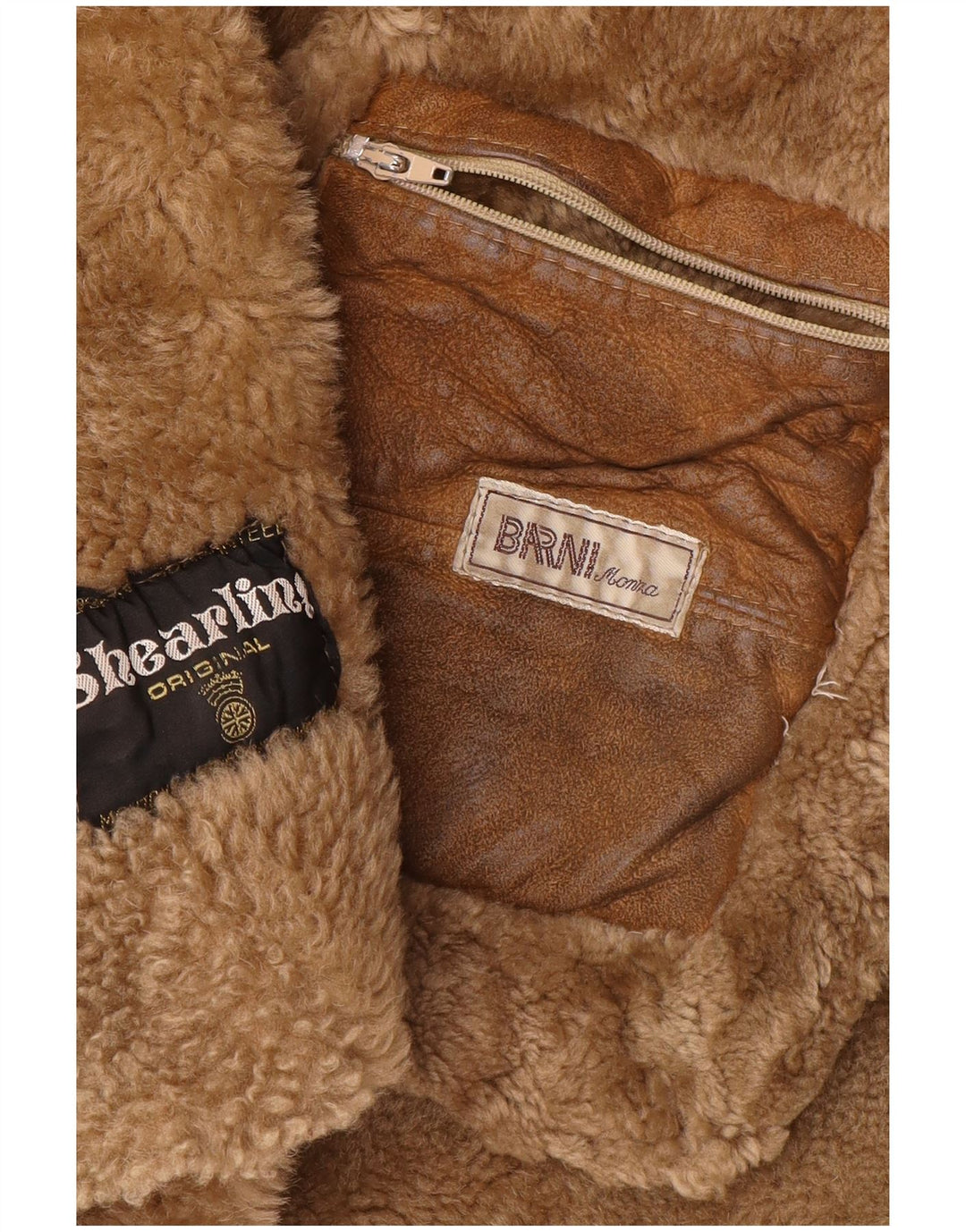 Cappotto vintage in shearling con cappuccio da uomo UK 36 piccolo marrone